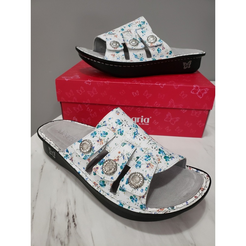 NEW US 13 / EU 43 - Alegria Leather Slide Sandals SLIP ON KEEP CALM FLORAL WHITE